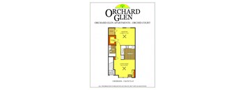 floor plan, 1-bedroom, 1 bathroom, 1st-level lower level, ground level one bedroom flat apartment with kitchen living room bedroom bathroom orchard glen apartments