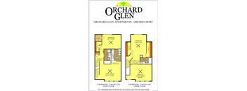floor plan, 2-bedroom, 2 bathroom, 2nd-level upper level, stairs to main floor, loft apartment with kitchen living room bedrooms bathrooms orchard glen apartments