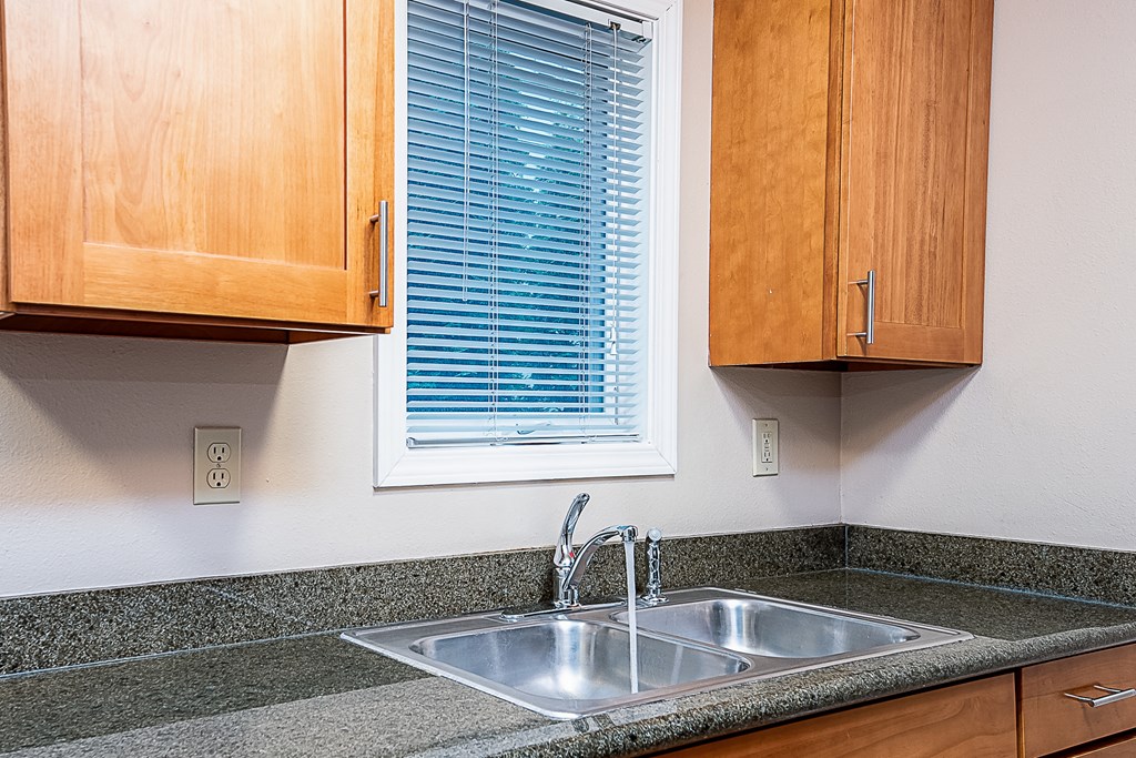 a kitchen with a sink and a window