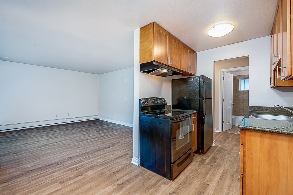 an empty kitchen with a black refrigerator and a black stove