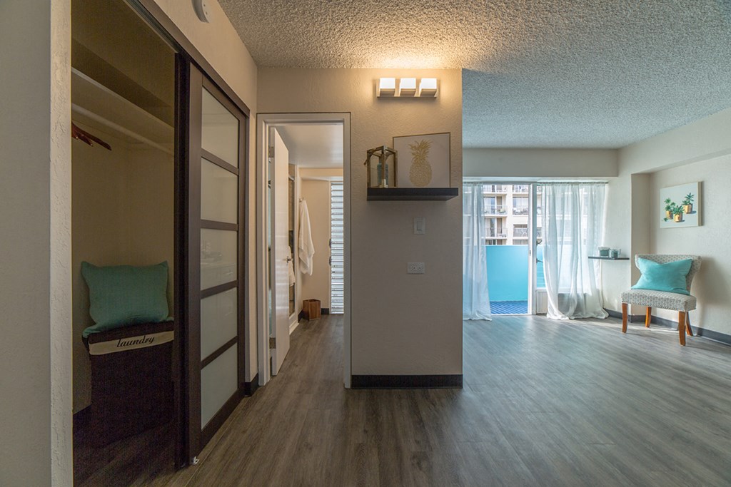Waikiki Walina Apartments living area with closet storage and decor