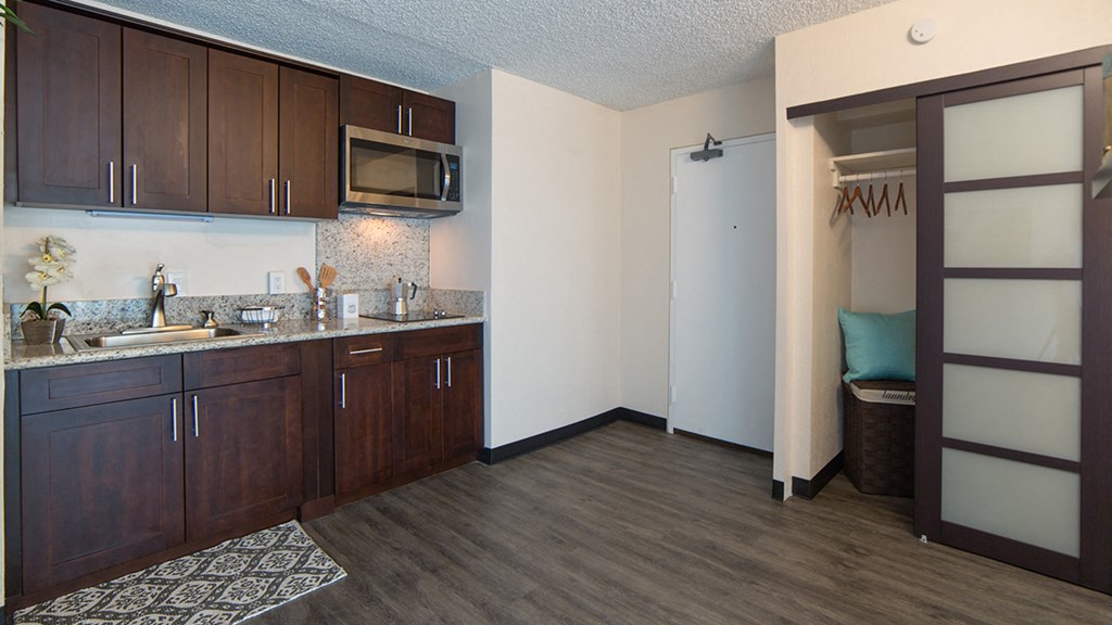 Waikiki Walina Apartments entry way with closet storage and kitchen area with appliances, cabinets, and counters