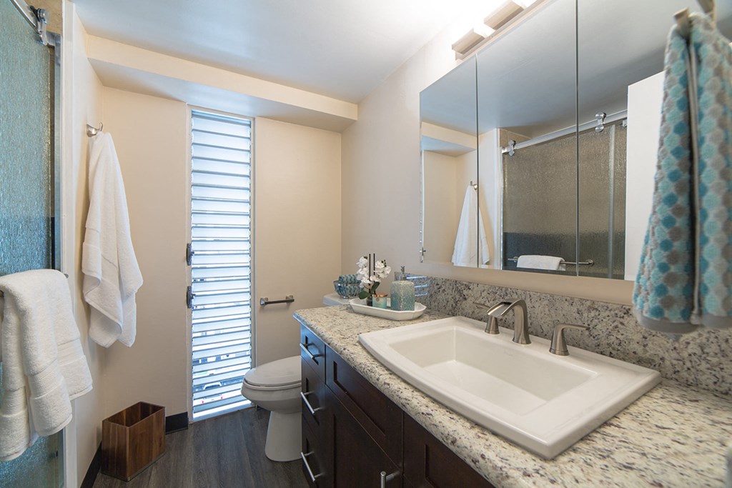 Waikiki Walina Apartments bathroom sink, vanity, and toilet