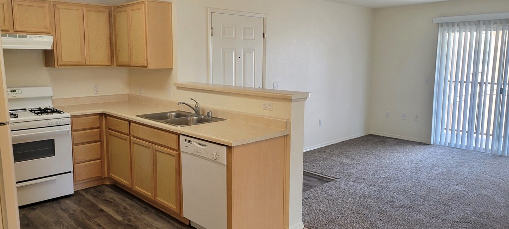 Larkspur two bedroom unit kitchen and living room