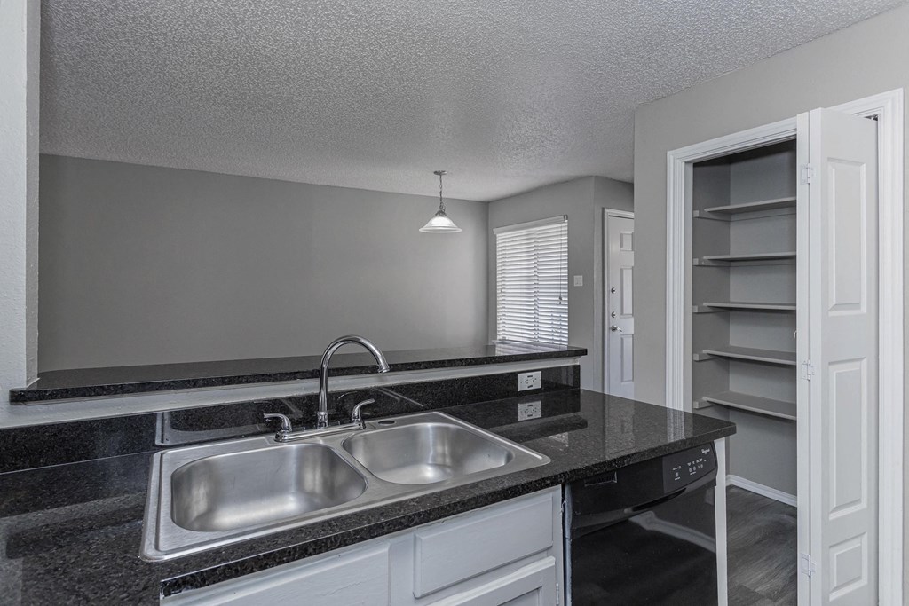 A kitchen with a sink and a counter.