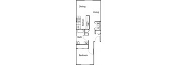 A floor plan of a living space showing a kitchen, dining area, and bedroom.