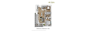 A floor plan of a one bedroom, two bathroom apartment.