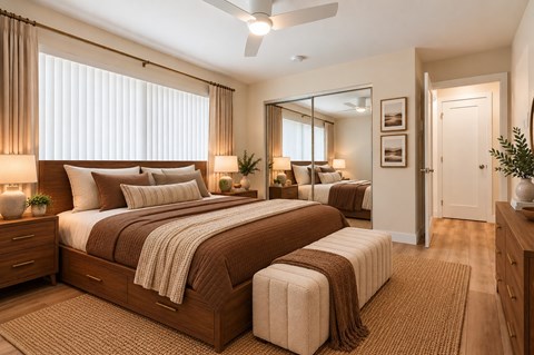 A bedroom with two beds, a dresser, and a mirror.