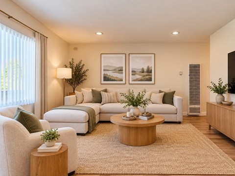 Staged Ocean View Townhomes living room with a white couch, a green cushion, a wooden coffee table, and a large window with white curtains.