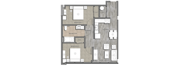 a floor plan of a 1 story apartment with a bedroom and a living room