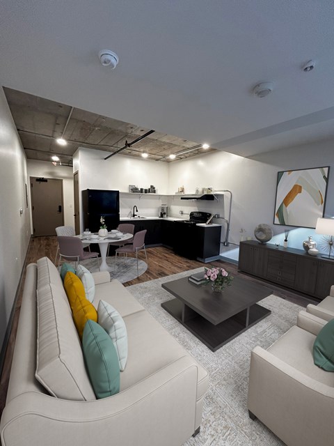 a living room with couches and a coffee table