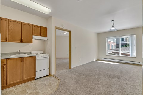 a kitchen and living room with a large window and a white dishwasher and sink