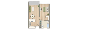 A floor plan of a small apartment with a kitchen, living room, and bathroom.