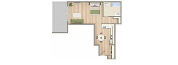 A floor plan of a house with a kitchen, living room, and two bedrooms.