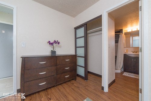 Kewalo Apartments living area with decor, closet, and bathroom doorway