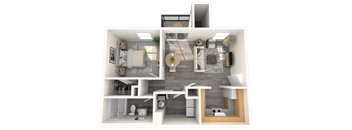 A 3D rendered image of a modern house interior.