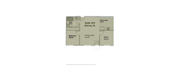 A floor plan of Suite 103 which is 810 sq. ft. and includes a bath, a kitchenette, a living room, a study and a bedroom.