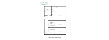 A floor plan of a Vandenberg home with two bedrooms and one bathroom.