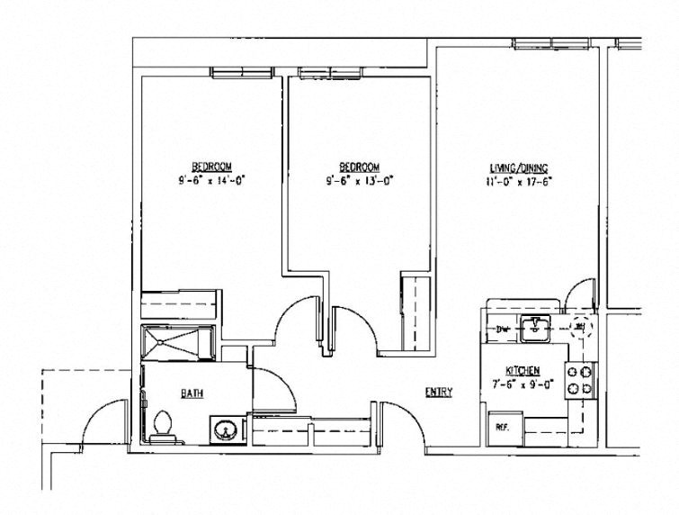 Fawcett Apartments 2 bedroom 1 bathroom floor plan