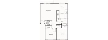 A floor plan of a small apartment with a living room, kitchen, two bedrooms and two closets.
