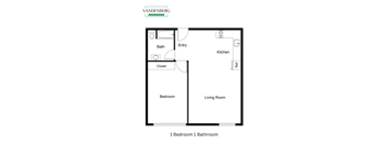 A floor plan of a one bedroom, one bathroom apartment.