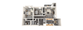 A 3D rendered image of a modern house layout.
