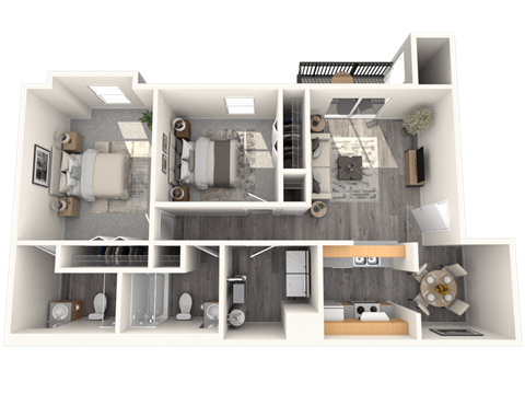 A 3D rendered image of a modern house layout.
