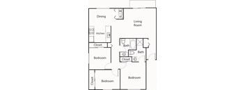 A floor plan of a house with a living room, dining room, kitchen, and four bedrooms.