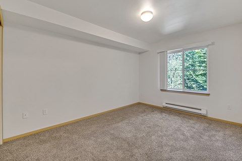 an empty room with carpet and a window