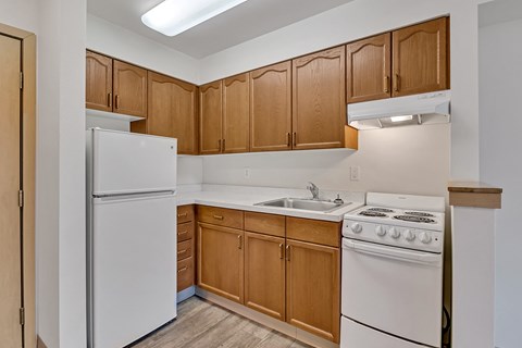 a kitchen with white appliances and wooden cabinets and a white refrigerator
