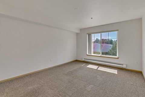 a living room with carpet and a window