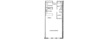 A floor plan of a small apartment with an entry, kitchen, dining and living/sleeping area.