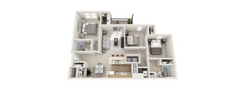 A 3D floor plan of a house with labeled rooms.