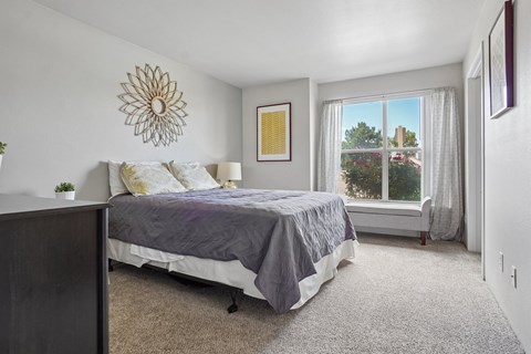 A bedroom with a bed, carpet, and a window.