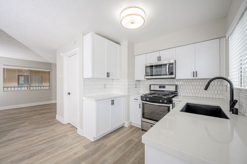 535 N. Hobart Apartments kitchen area with appliances, cabinets, and counters