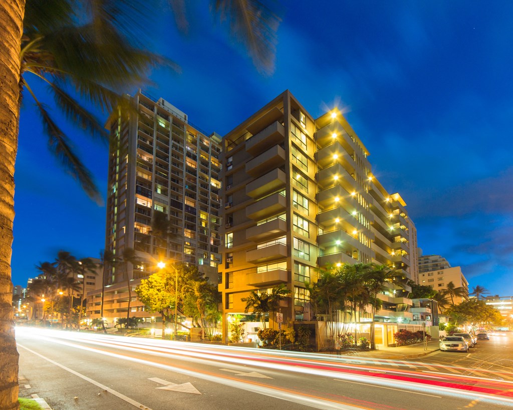 Napili Towers exterior building at night