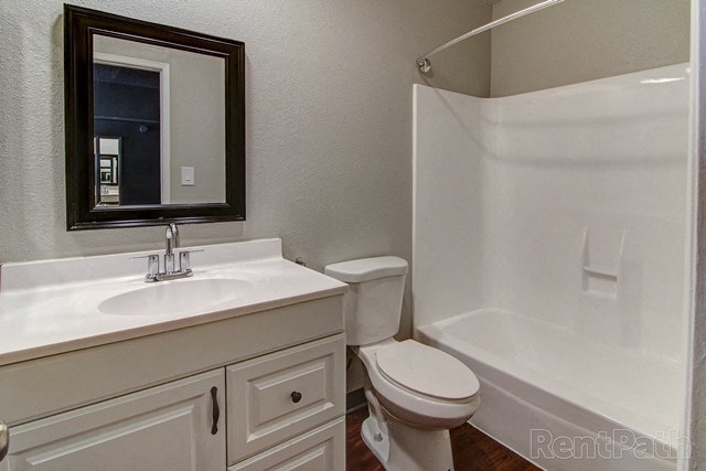 University Commons bathroom sink, shower, and toilet