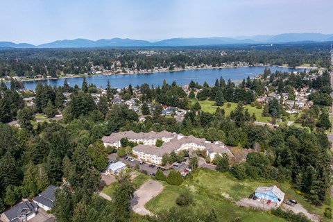 an aerial view of a neighborhood with a lake in the background