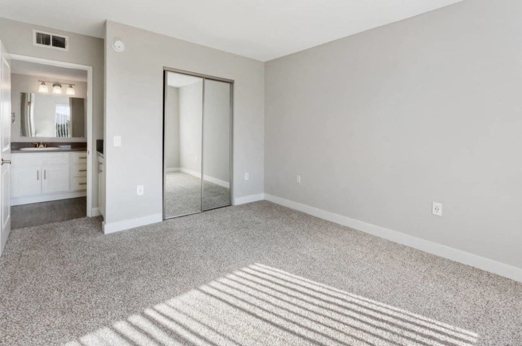 an empty living room with a mirror and a closet