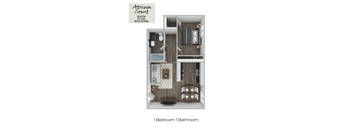 A diagram of a one bedroom apartment with a bathroom.