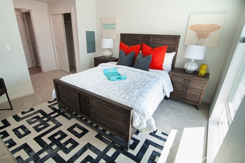 A bedroom with a large bed and a patterned rug.