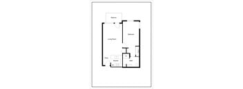A floor plan of a house with a living room, kitchen, bathroom, bedroom and balcony.