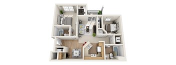 A 3D floor plan of a house with labeled rooms.