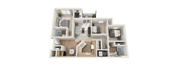 A 3D floor plan of a house with a kitchen, living room, and bedrooms.