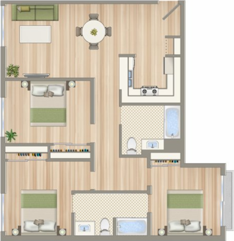 1428 on 6th three bedroom two bathroom C floorplan