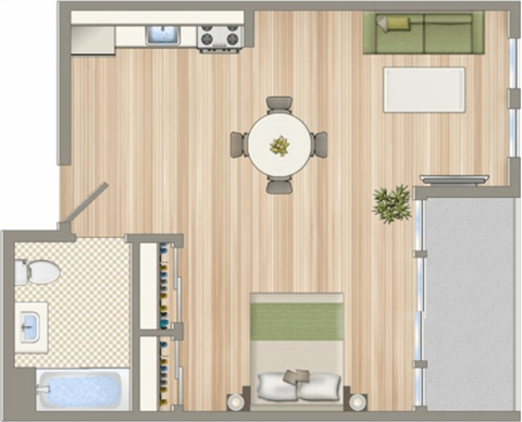a drawing of a room with a bathroom and a living room
