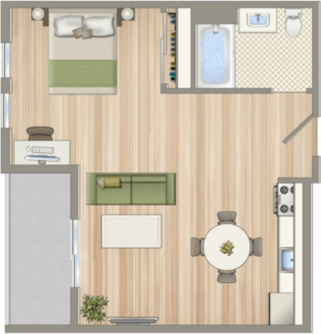 a floor plan of a room with a bathroom and a bed
