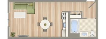 a bedroom with a bathroom and a living room