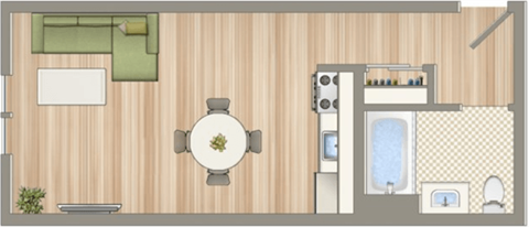 a bedroom with a bathroom and a living room