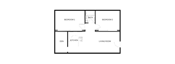 A floor plan of a small apartment with two bedrooms, a living room, a kitchen, and a den.